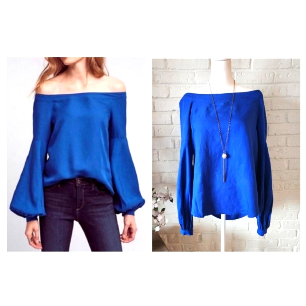 Anthropologie Blue Floreat Off Shoulder Balloon Sleeve Blouse, Top, sz 2